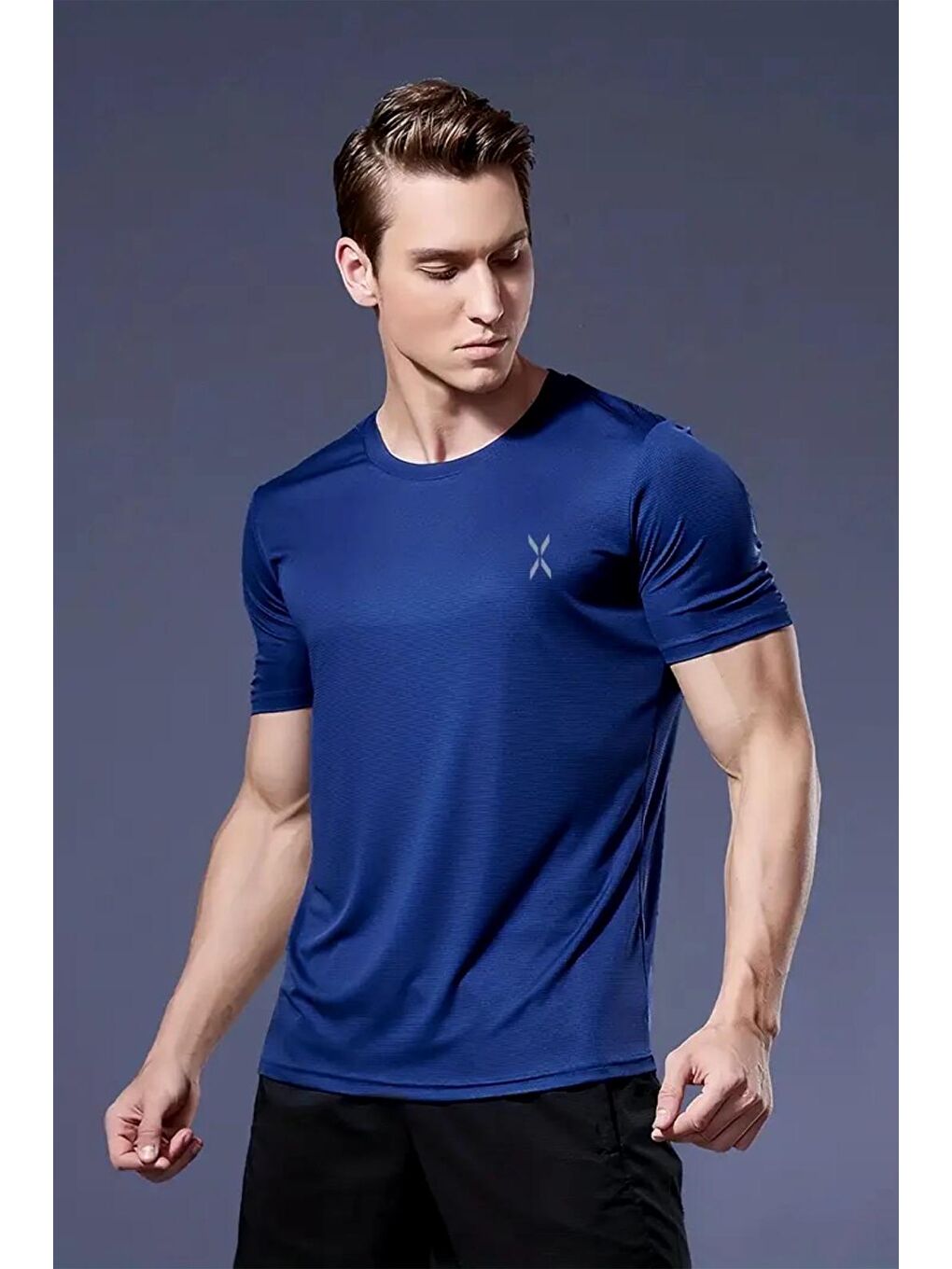 Lacivert Xylon Mikro Polyester Nefes Alabilen Hafif Perform Antrenman Sporcu Erkek Tshirt-1