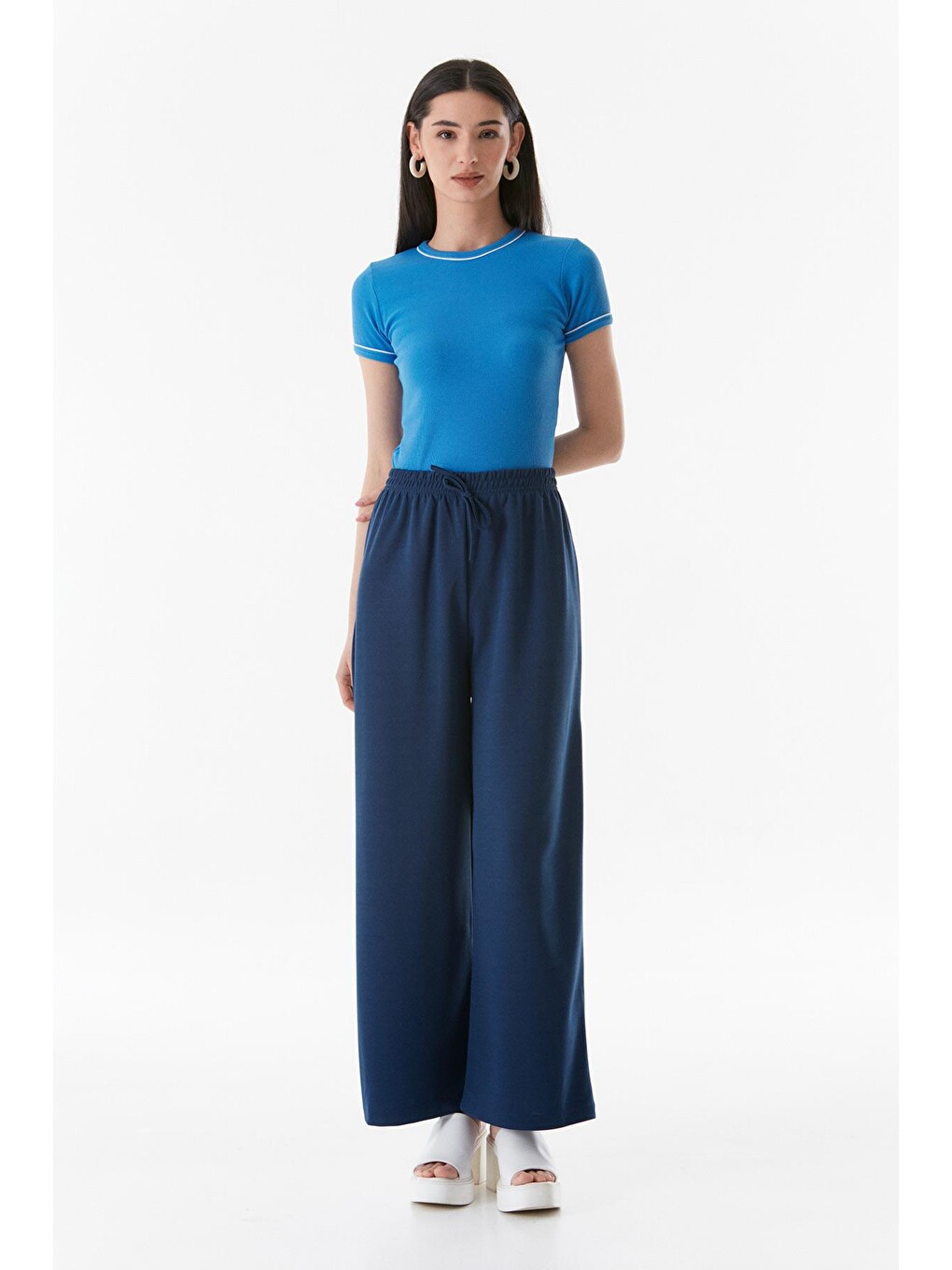 Lacivert Beli Lastikli Wide Leg Pantolon