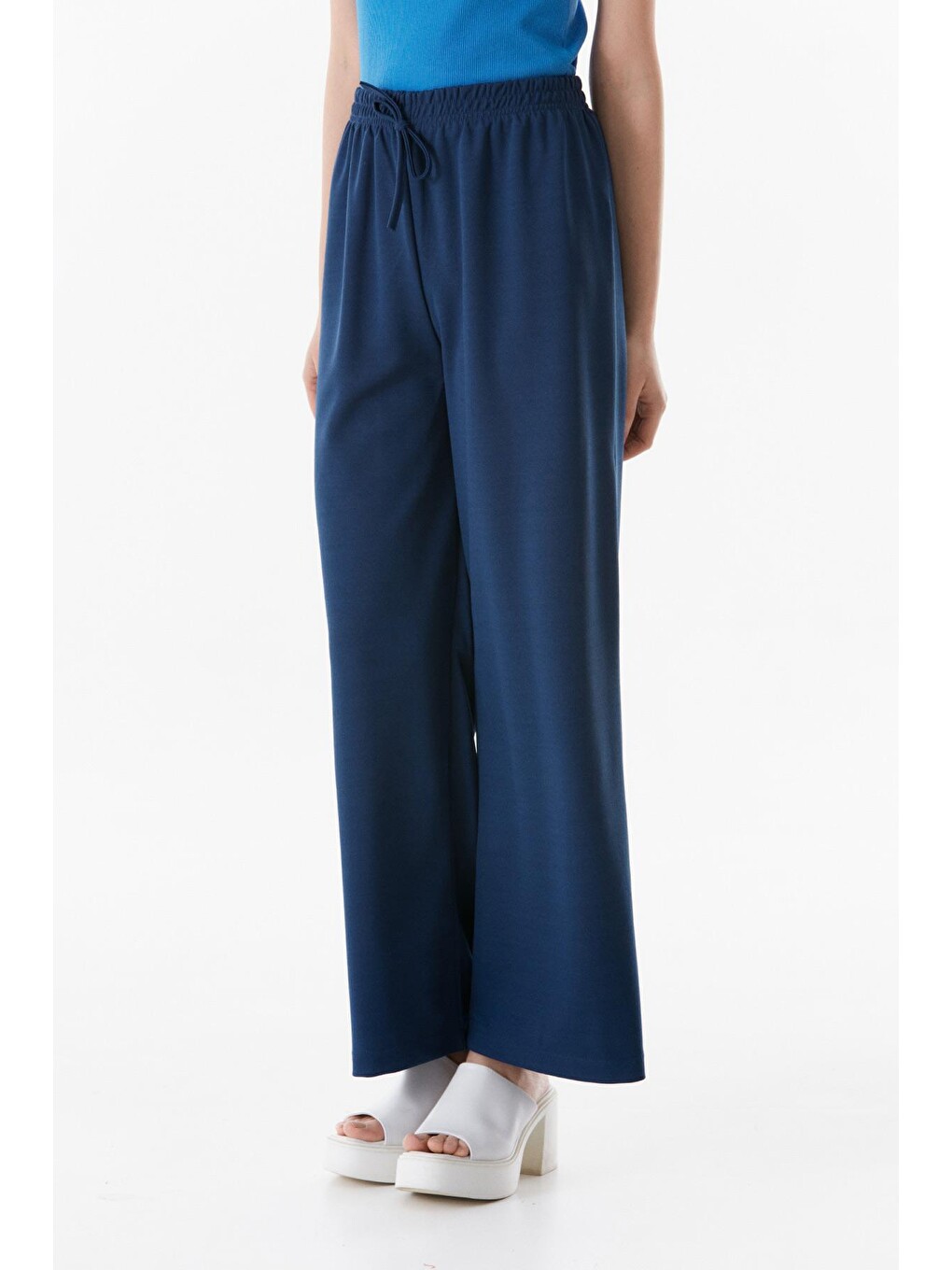 Lacivert Beli Lastikli Wide Leg Pantolon-1