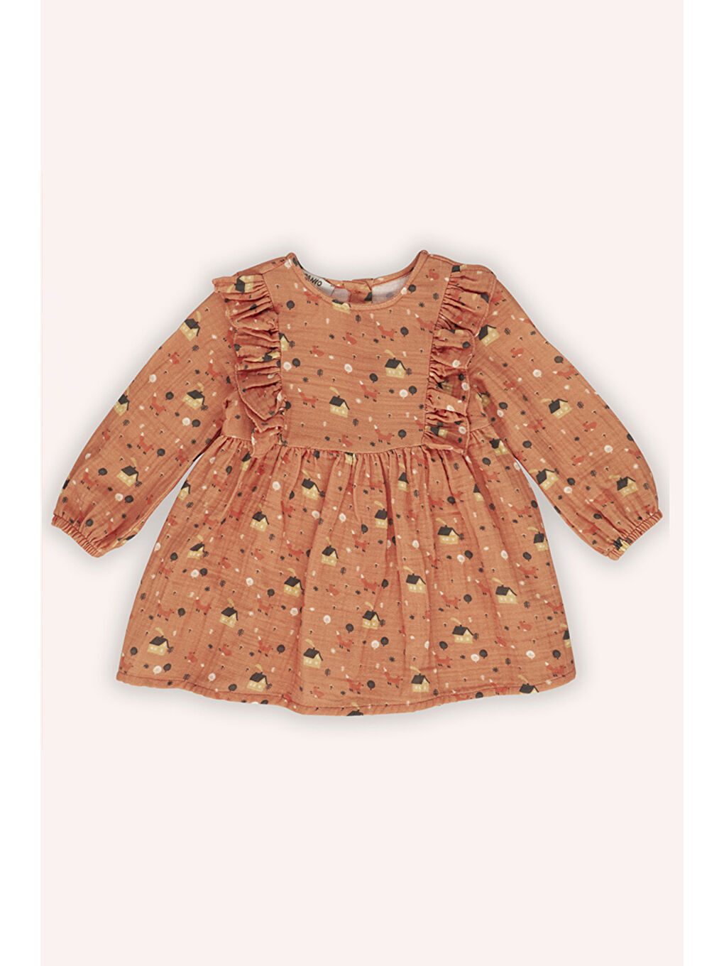 Kahverengi Kız Bebek Fırfır Detaylı Desenli Kiremit Elbise