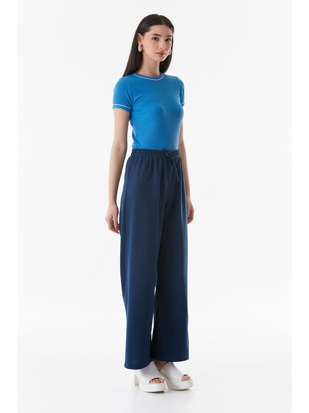 Lacivert Beli Lastikli Wide Leg Pantolon-2
