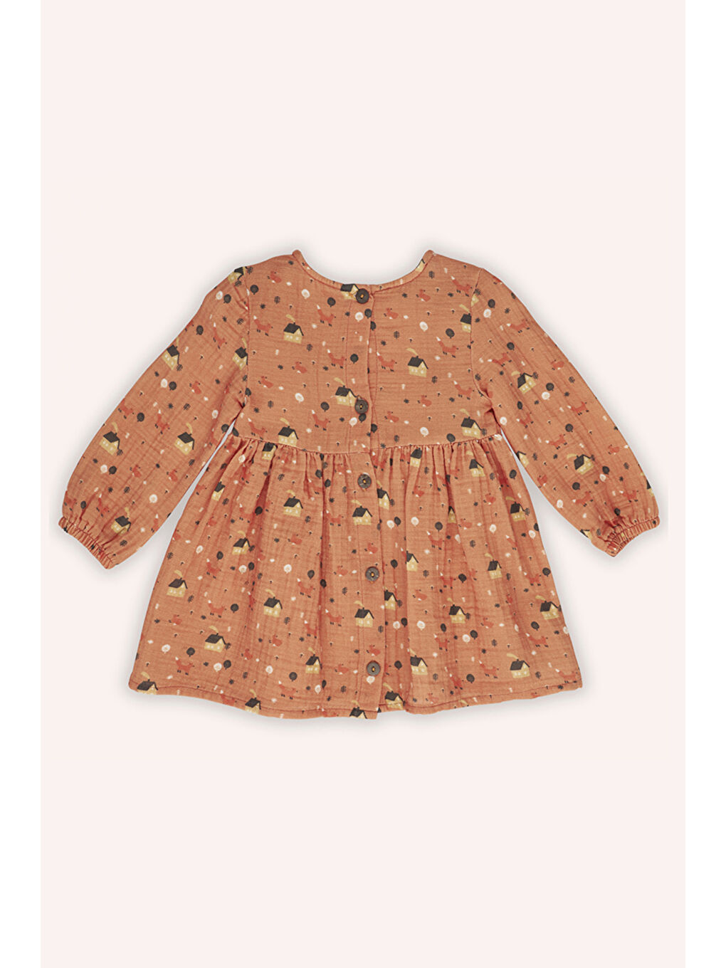 Kahverengi Kız Bebek Fırfır Detaylı Desenli Kiremit Elbise-1