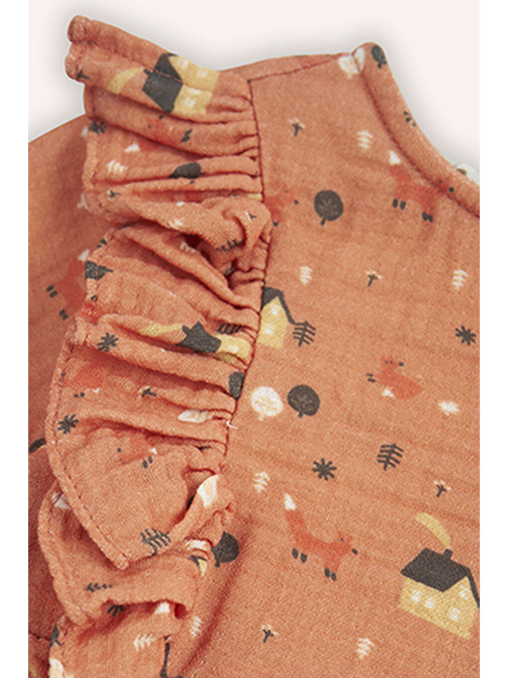 Kahverengi Kız Bebek Fırfır Detaylı Desenli Kiremit Elbise-2