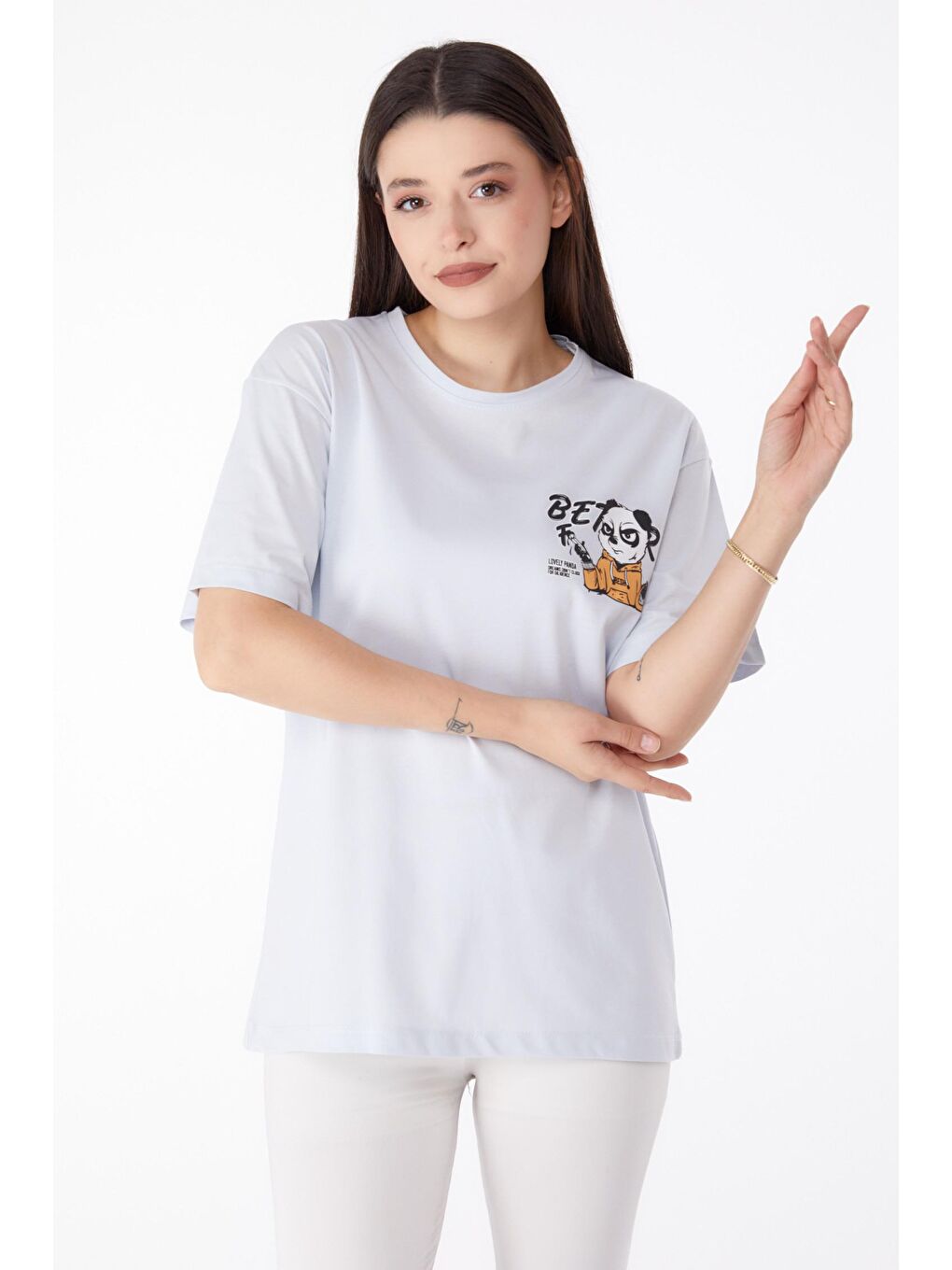 TOFİSA Lila Düz Bisiklet Yaka Kadın Lila Baskılı T-shirt - 25286 - 2