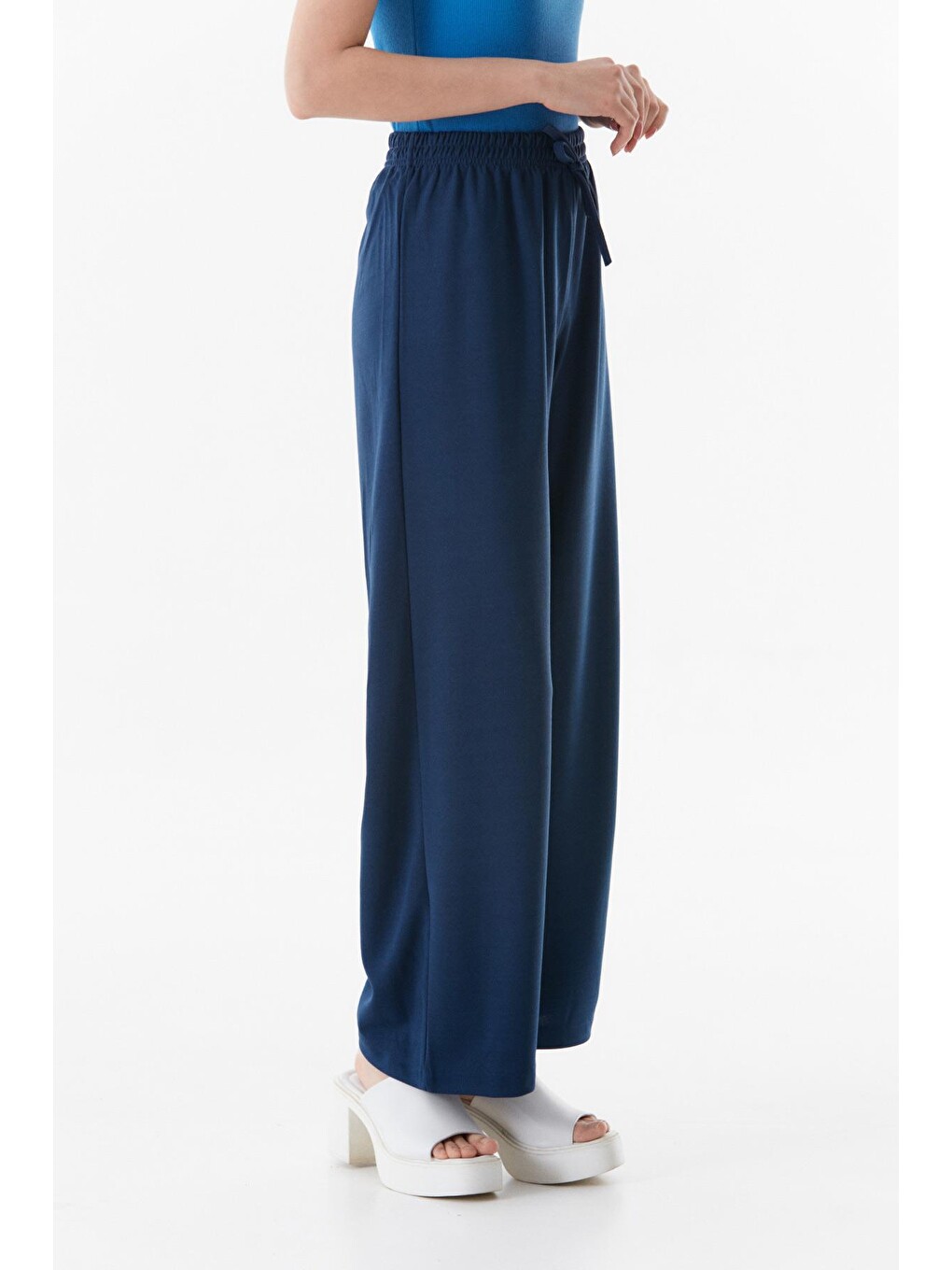 Lacivert Beli Lastikli Wide Leg Pantolon-3