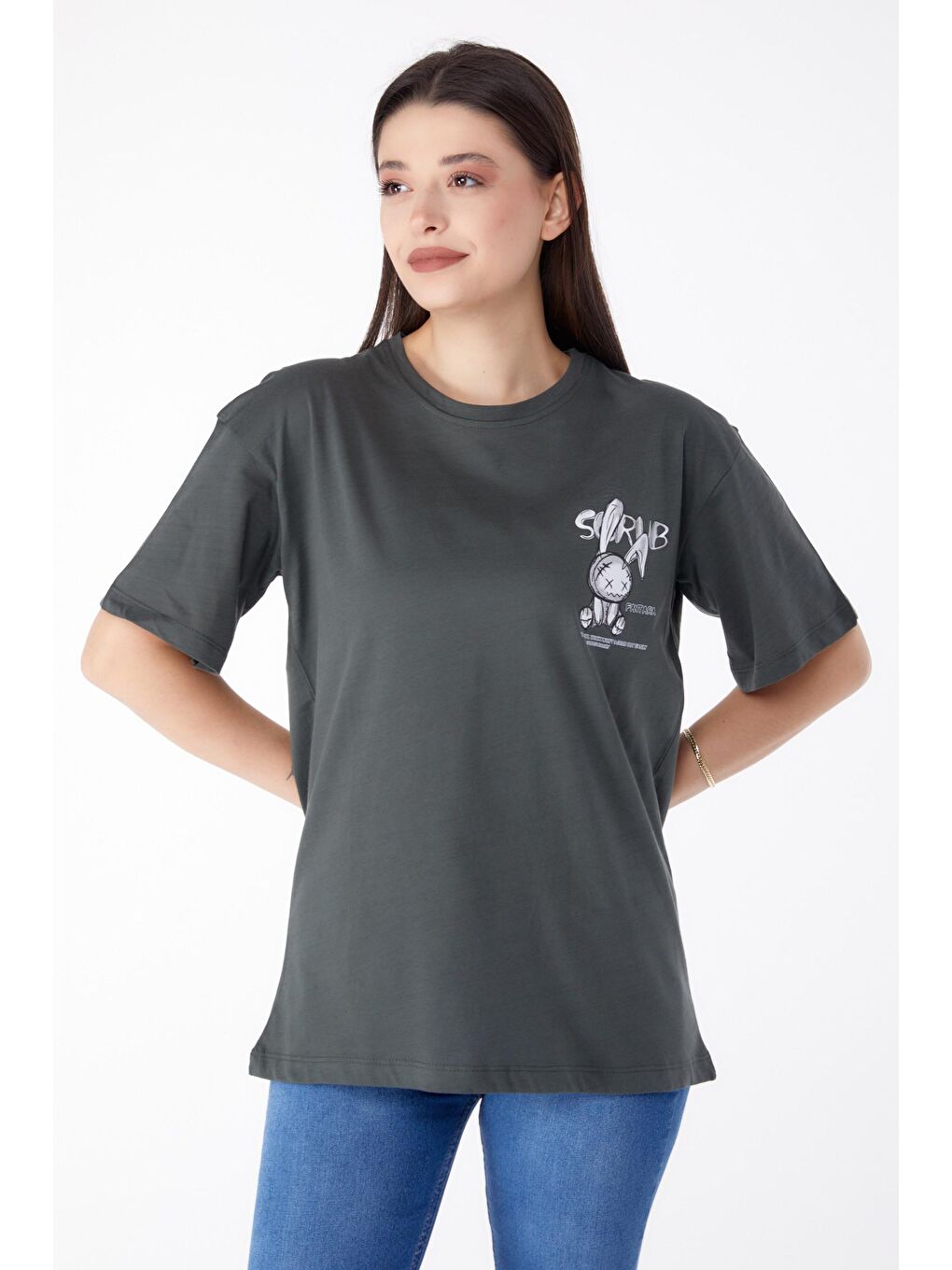 TOFİSA Haki Düz Bisiklet Yaka Kadın Haki Baskılı T-shirt - 25288 - 1