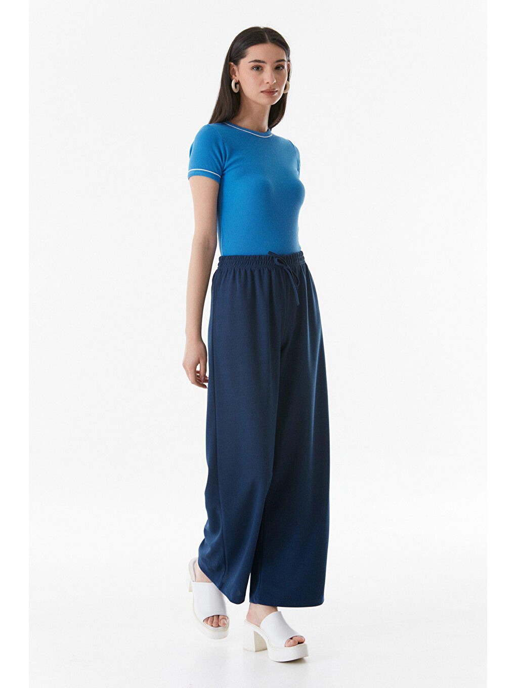 Lacivert Beli Lastikli Wide Leg Pantolon-4