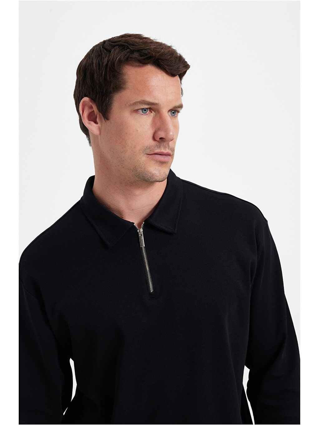 Erkek Relax Fit Rahat Kesim %100 Pamuk Yarım Fermuarlı Polo Yaka İnterlok Siyah Sweatshirt-1