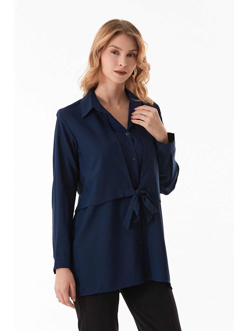 Lacivert Düğmeli Önü Bağlamalı Gömlek-4