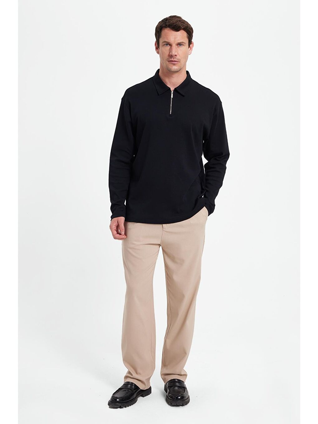 Erkek Relax Fit Rahat Kesim %100 Pamuk Yarım Fermuarlı Polo Yaka İnterlok Siyah Sweatshirt-2