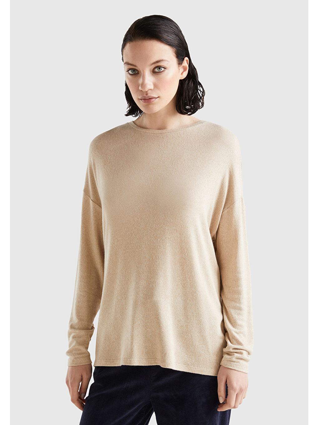 Kadın Ekru Uzun Kollu Viskoz Tişört