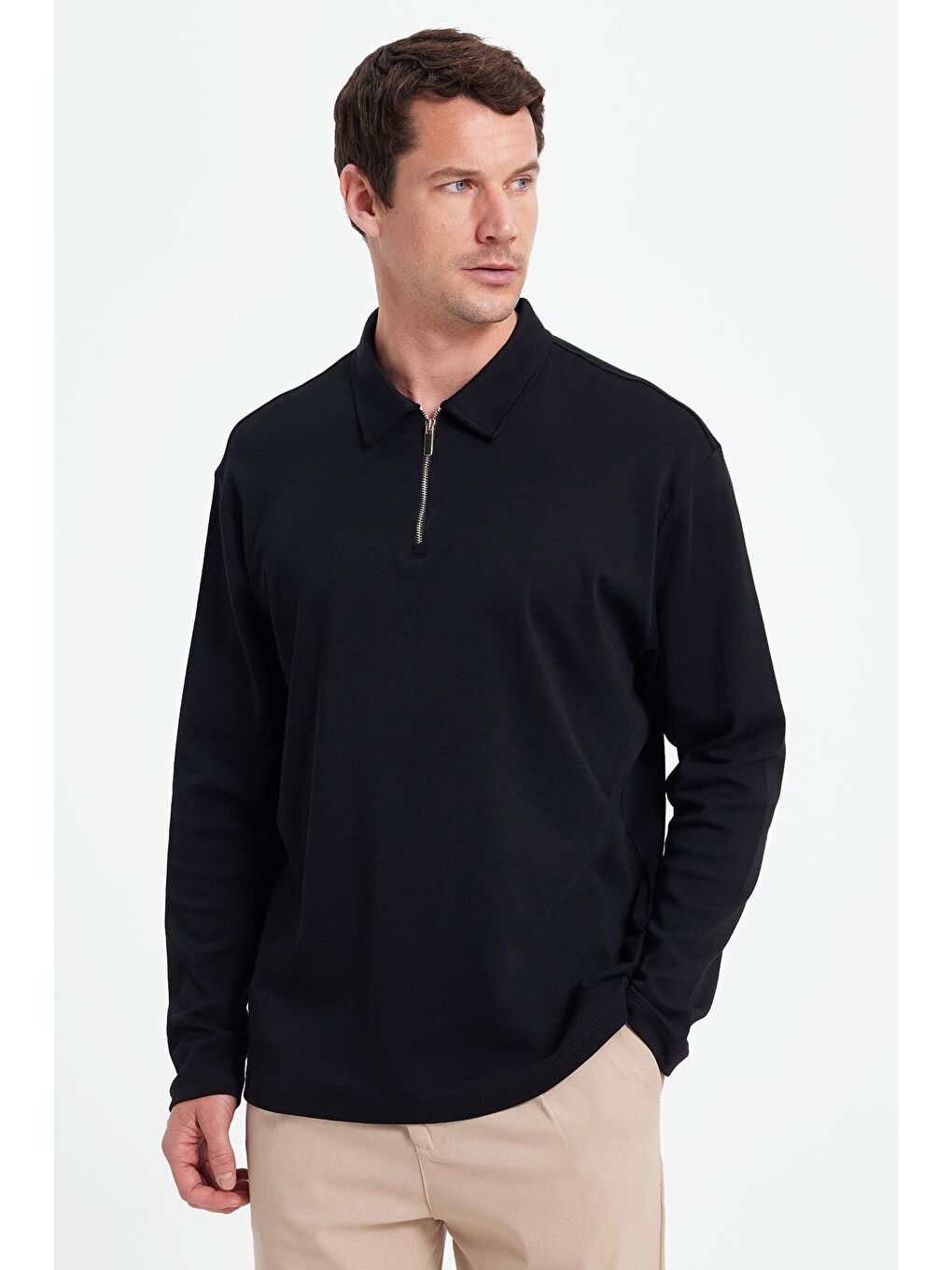 Erkek Relax Fit Rahat Kesim %100 Pamuk Yarım Fermuarlı Polo Yaka İnterlok Siyah Sweatshirt-5