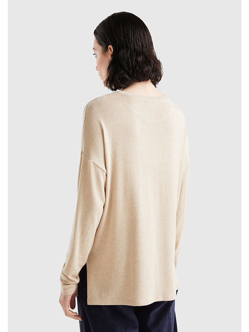 Kadın Ekru Uzun Kollu Viskoz Tişört-2