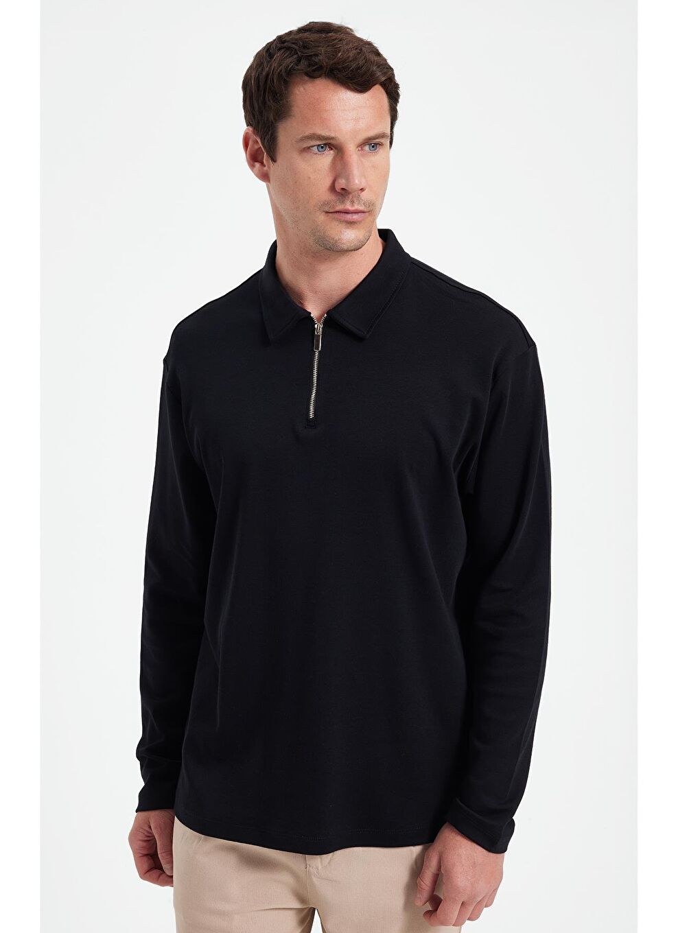 Erkek Relax Fit Rahat Kesim %100 Pamuk Yarım Fermuarlı Polo Yaka İnterlok Siyah Sweatshirt-6