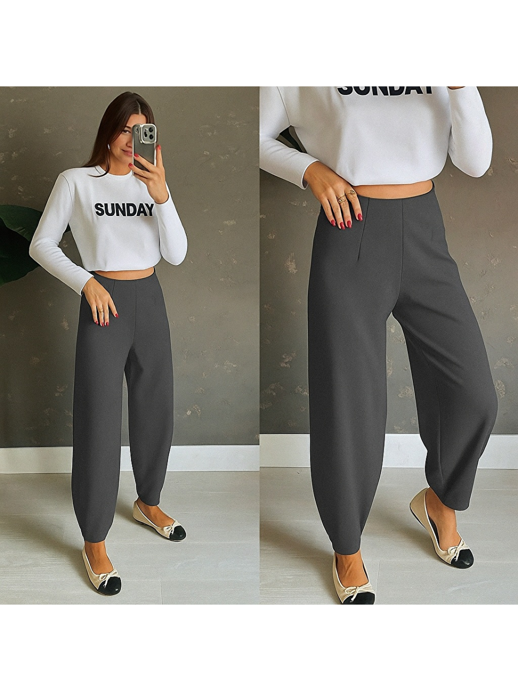 Gri Kadın Yüksek Bel Krep Pantolon