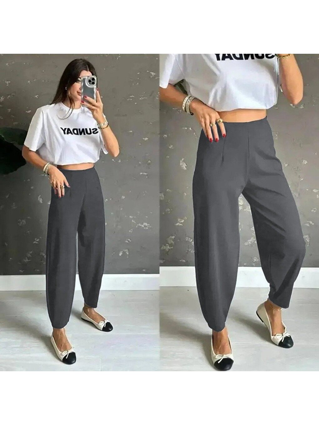 Gri Kadın Yüksek Bel Krep Pantolon-4