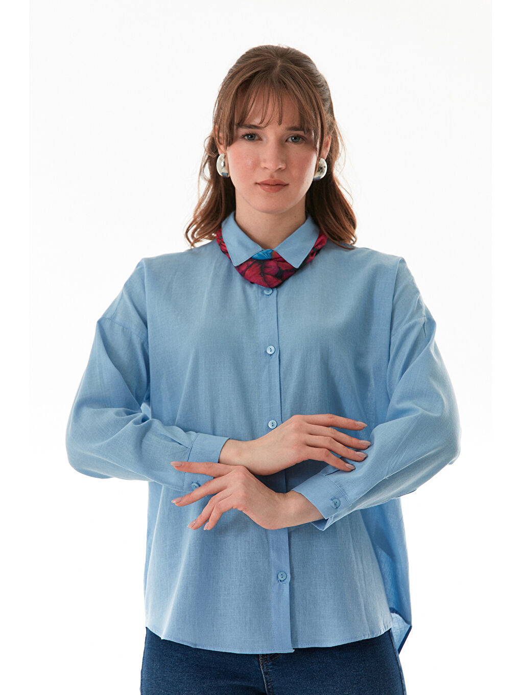 Mavi Basic Arkası Uzun Salaş Gömlek