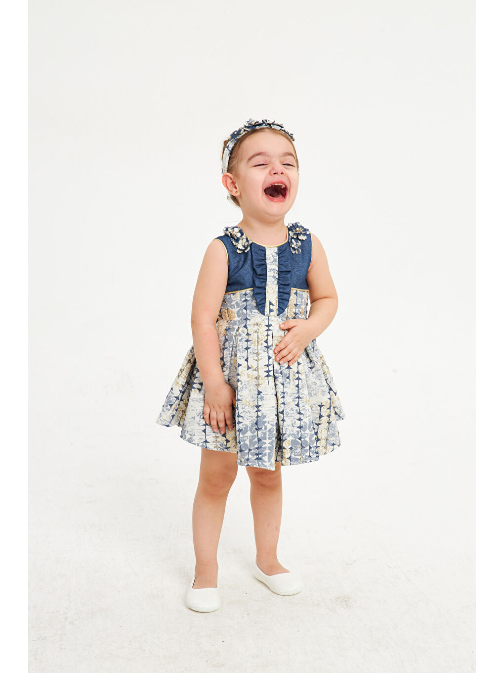 Lacivert Yakası Ve Bandanası Çiçekli Jakar Abiye-1