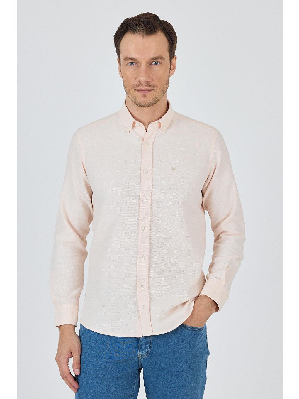 Pembe Uzun Kol Desenli Armürlü Düğmeli Yaka Cepsiz Pamuklu Classic Slim Fit Gömlek 1004250205