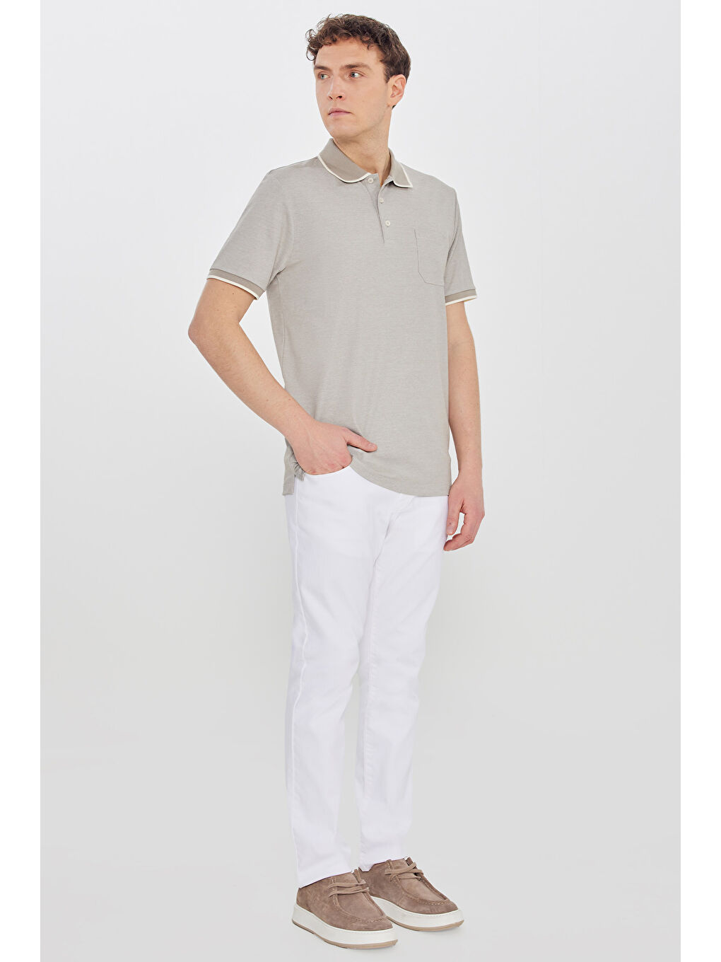 Erkek Bej Pamuklu Comfort Fit Rahat Kesim Polo Yaka Cepli Tişört-1