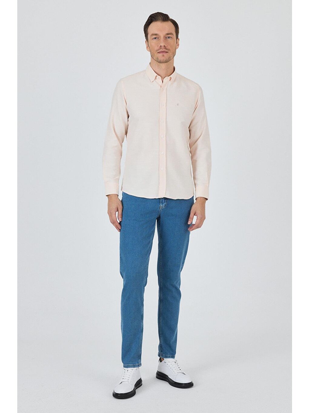 Pembe Uzun Kol Desenli Armürlü Düğmeli Yaka Cepsiz Pamuklu Classic Slim Fit Gömlek 1004250205-1