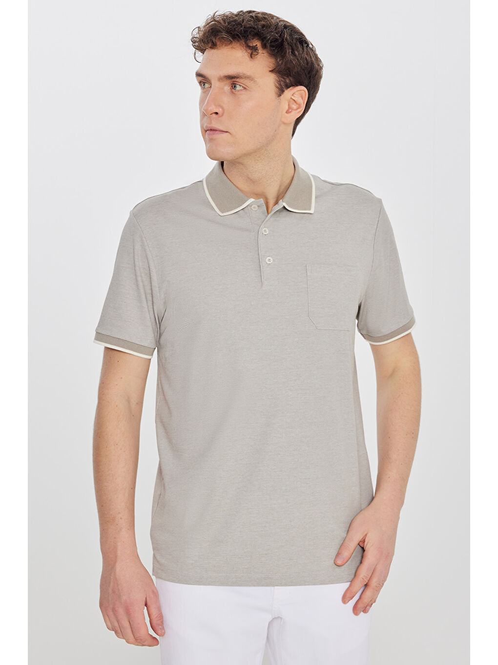 Erkek Bej Pamuklu Comfort Fit Rahat Kesim Polo Yaka Cepli Tişört-2