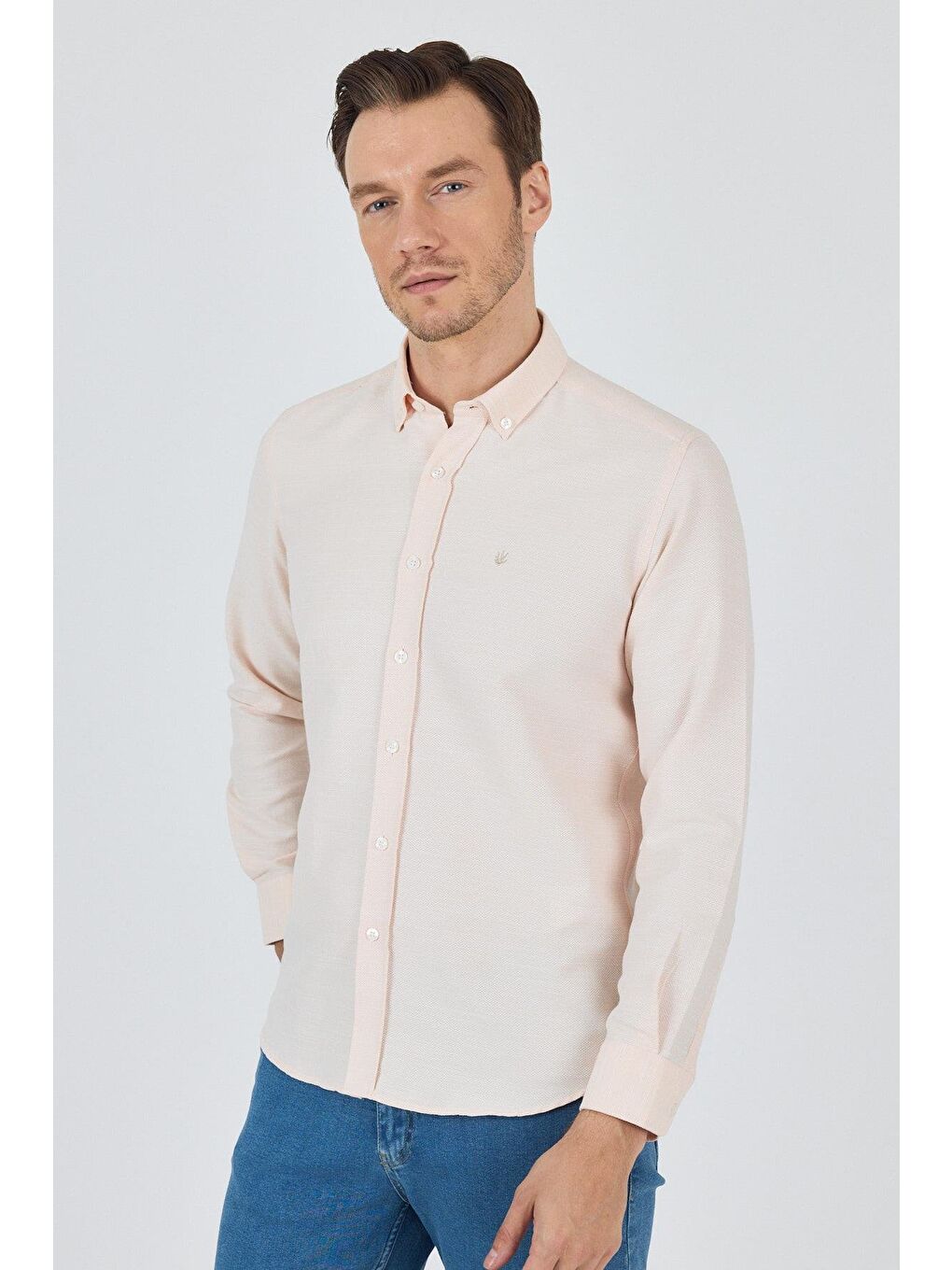 Pembe Uzun Kol Desenli Armürlü Düğmeli Yaka Cepsiz Pamuklu Classic Slim Fit Gömlek 1004250205-2