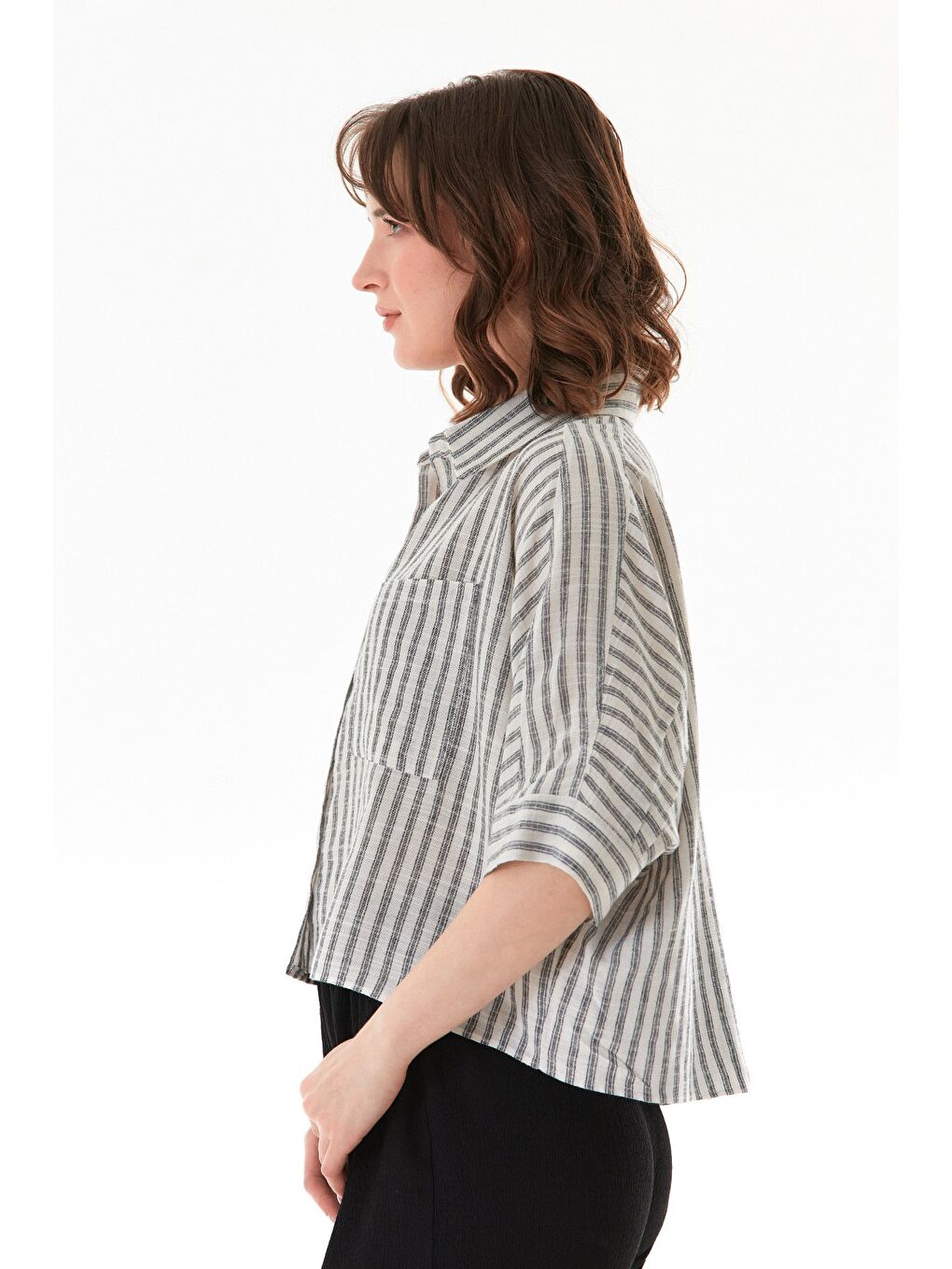 Antrasit Çizgili Oversize Crop Gömlek-3