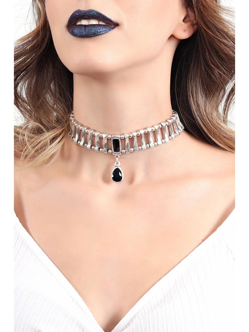 Gri Kadın Antik Gümüş Kaplama Tasarım Choker-1