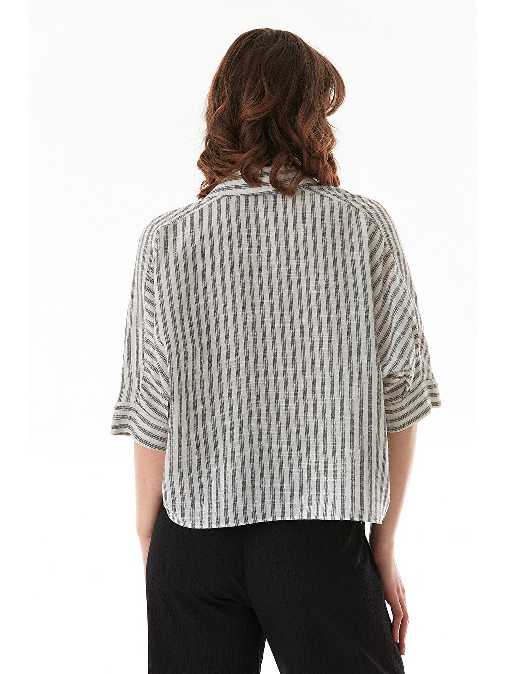 Antrasit Çizgili Oversize Crop Gömlek-4