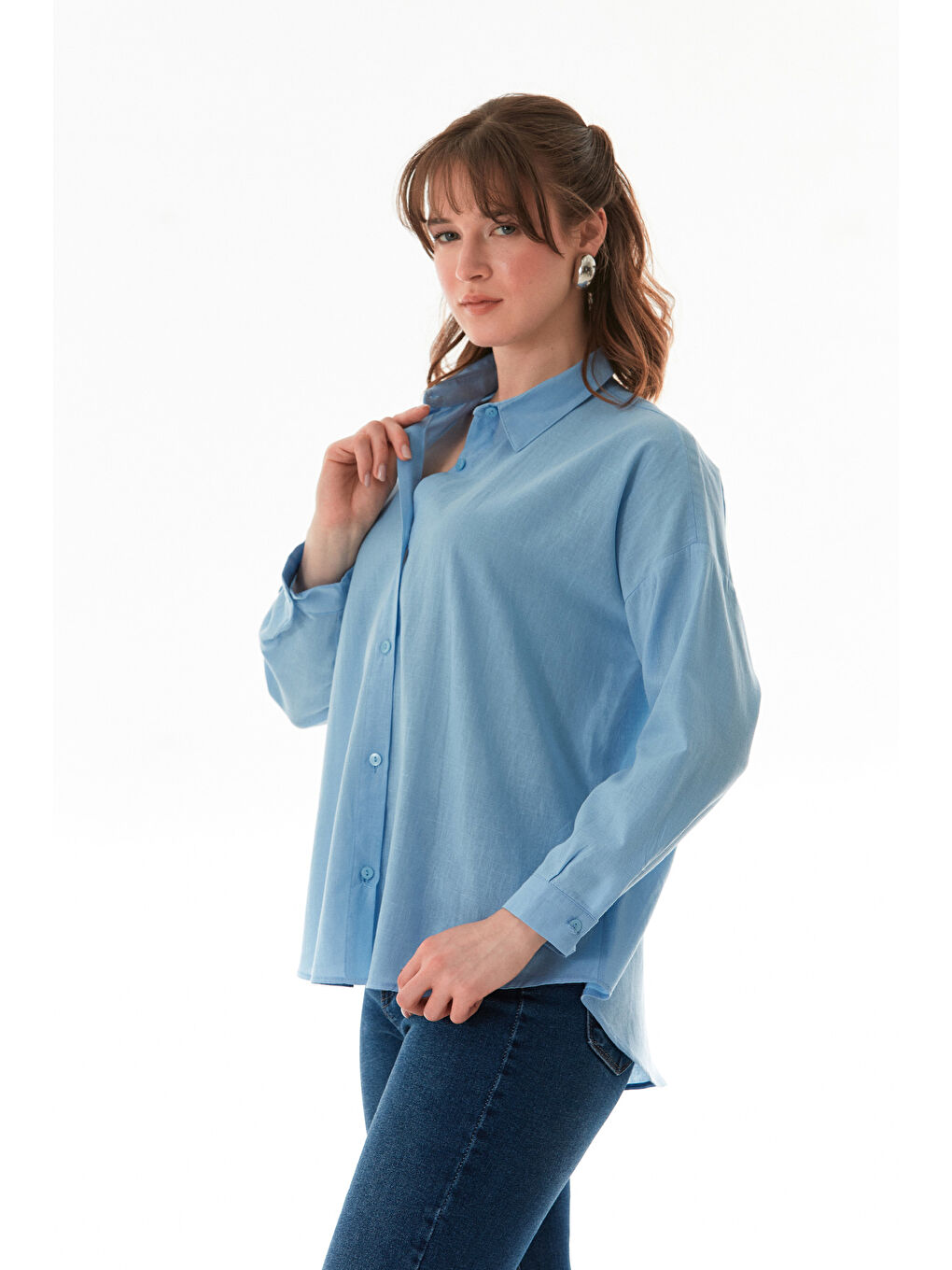 Mavi Basic Arkası Uzun Salaş Gömlek-2