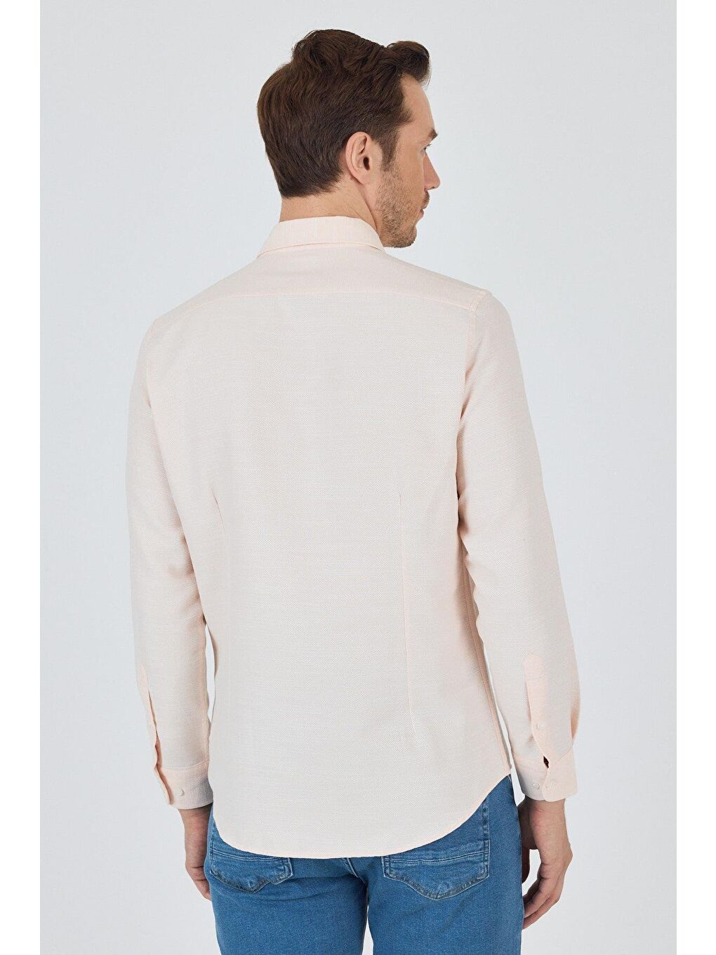 Pembe Uzun Kol Desenli Armürlü Düğmeli Yaka Cepsiz Pamuklu Classic Slim Fit Gömlek 1004250205-4