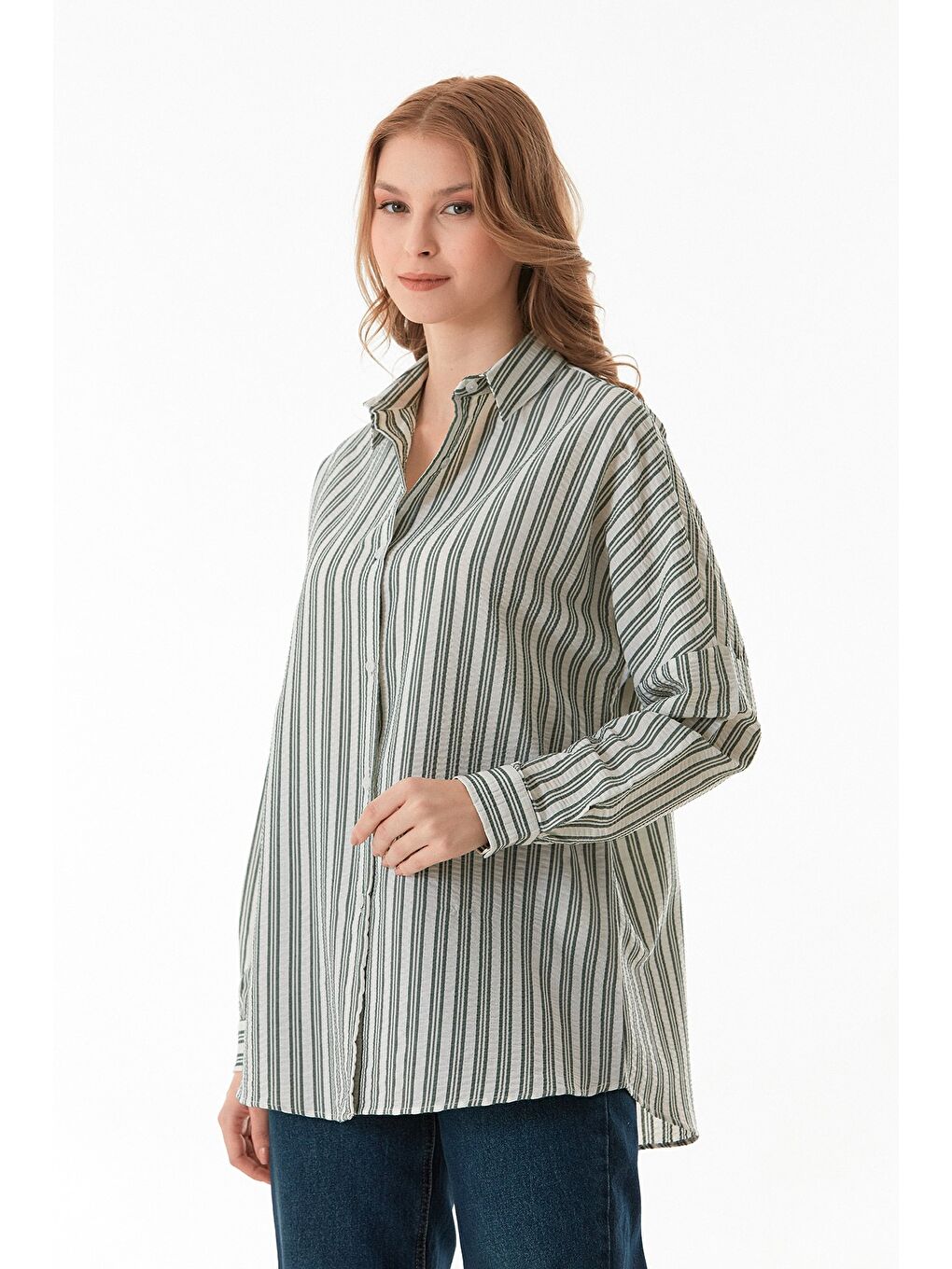 Yeşil Çizgili Düğmeli Gömlek-2