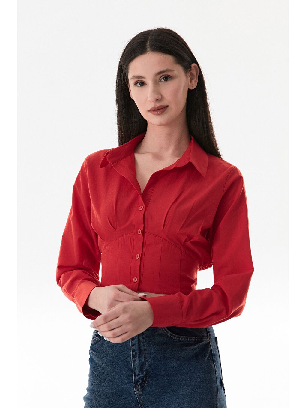 Kırmızı Sırt Dekolteli Bağlamalı Korse Detaylı Gömlek-2