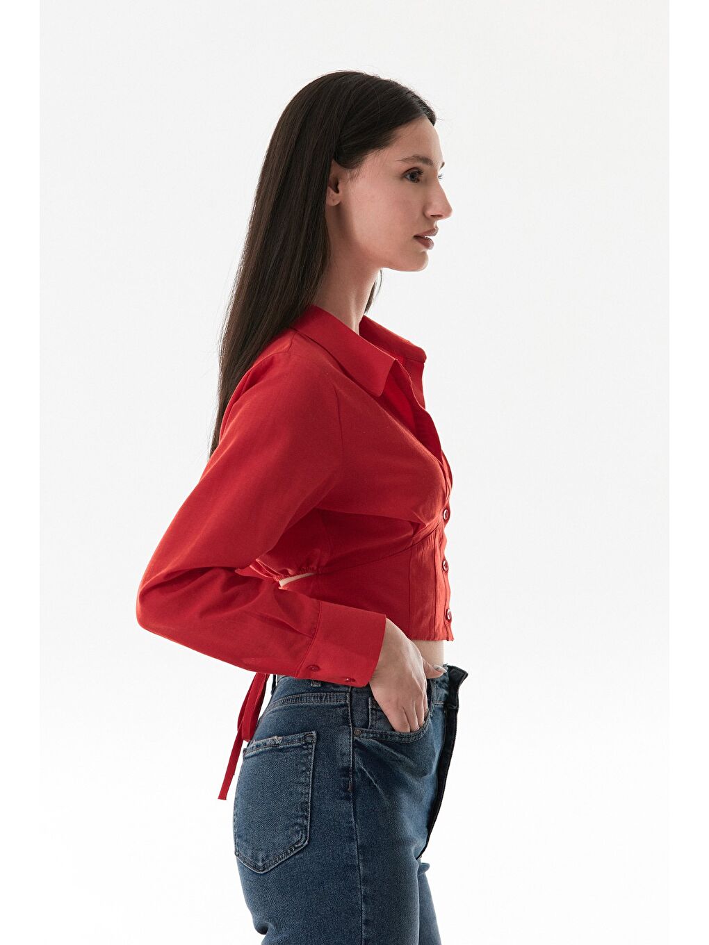 Kırmızı Sırt Dekolteli Bağlamalı Korse Detaylı Gömlek-3