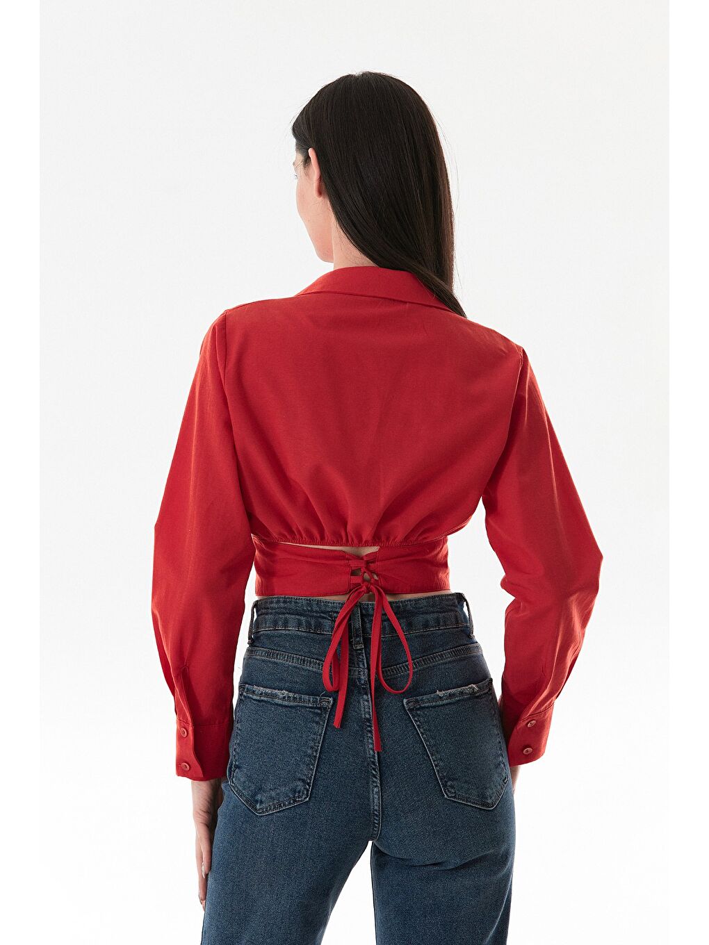 Kırmızı Sırt Dekolteli Bağlamalı Korse Detaylı Gömlek-4