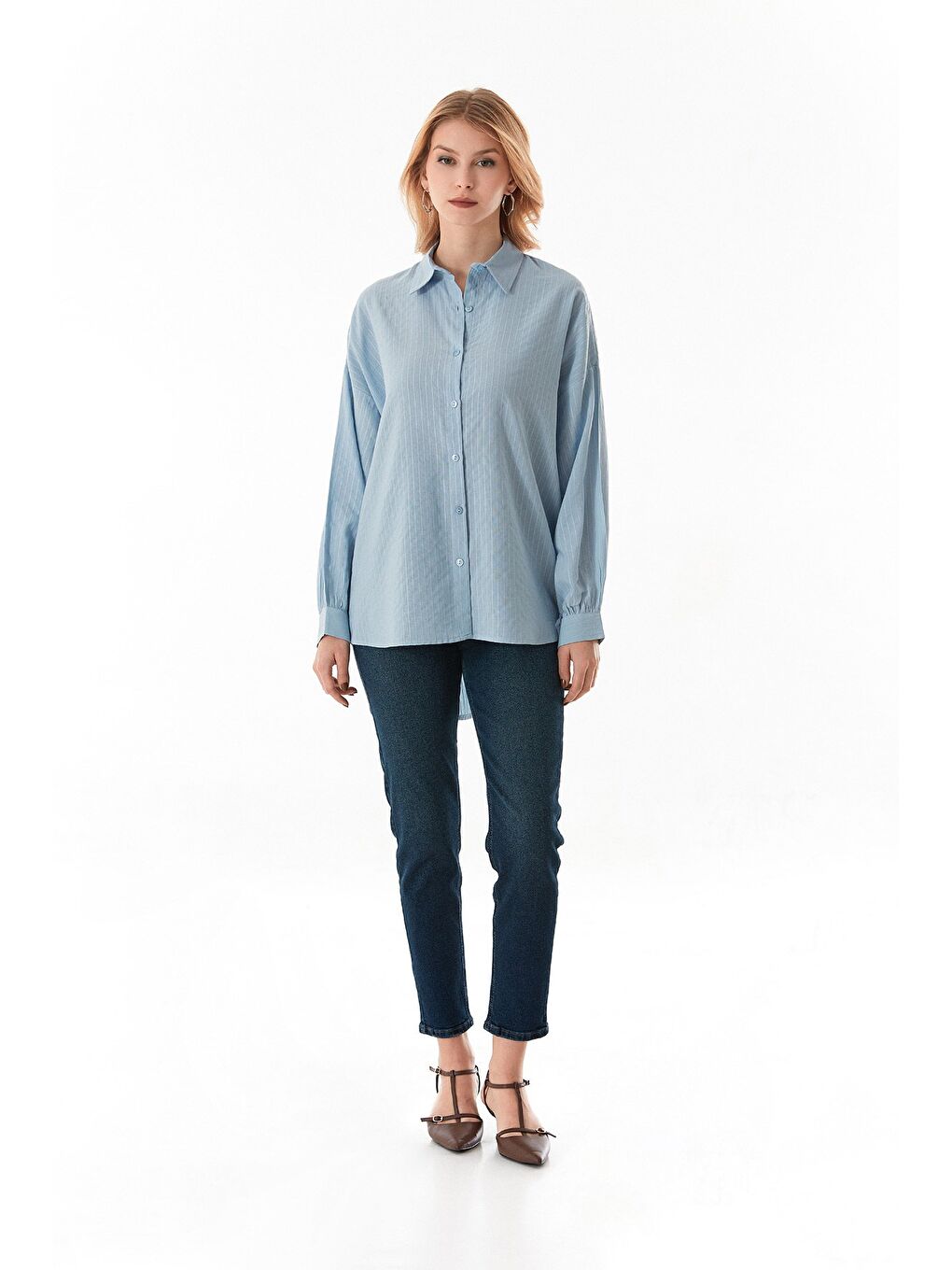 Mavi Çizgili Arkası Uzun Salaş Gömlek-1