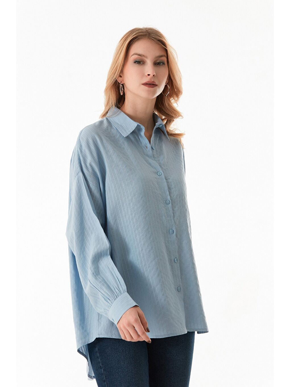 Mavi Çizgili Arkası Uzun Salaş Gömlek-2