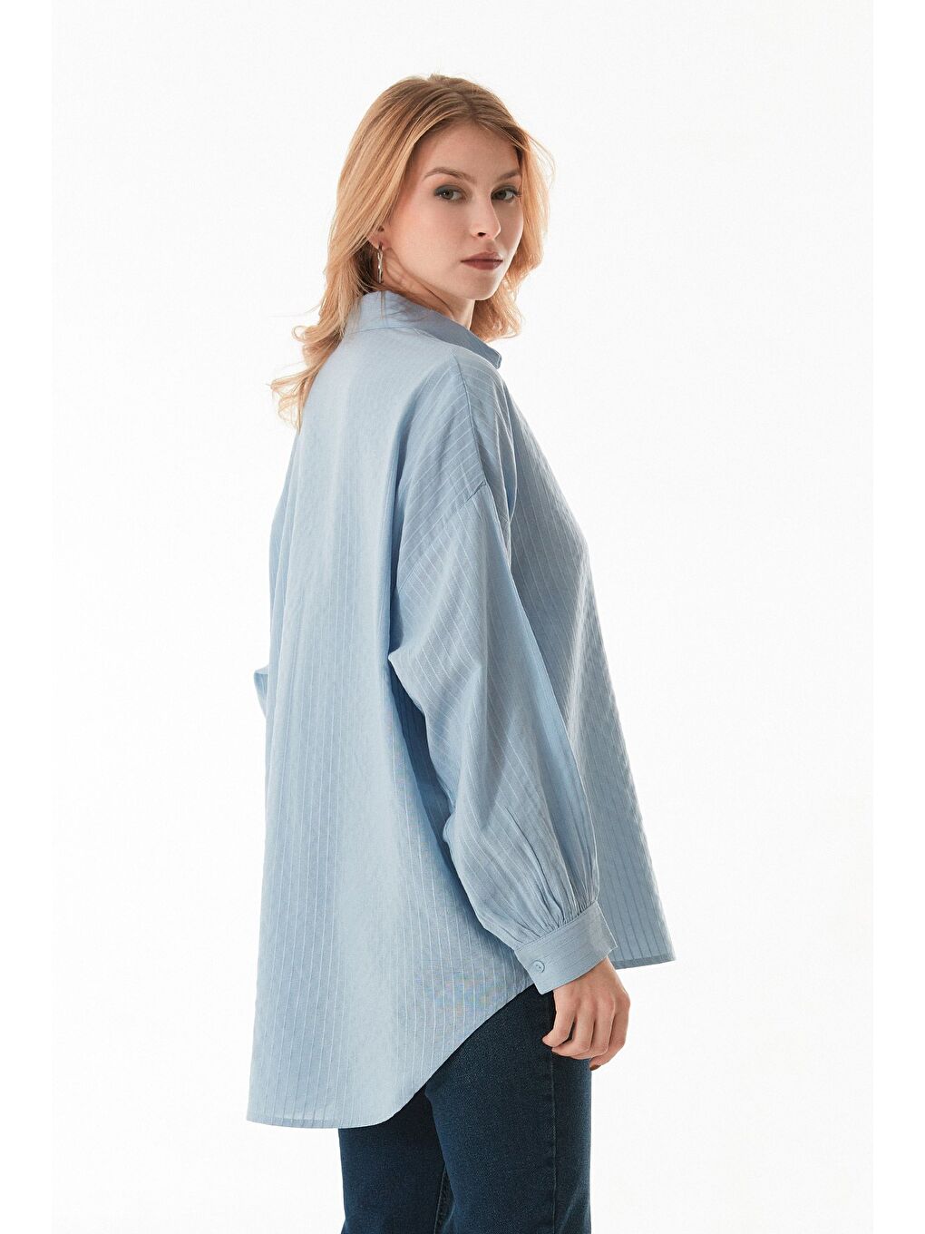 Mavi Çizgili Arkası Uzun Salaş Gömlek-4