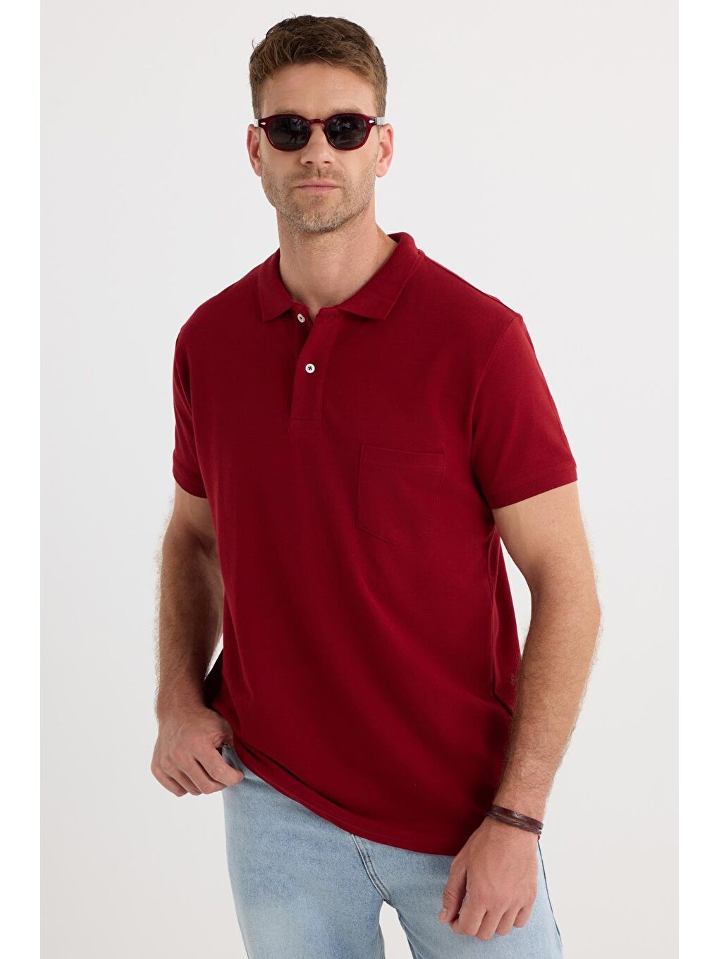 Erkek Regular Fit Klasik Kesim %100 Pamuk Düz Pike Bordo Polo Yaka Tişört-3