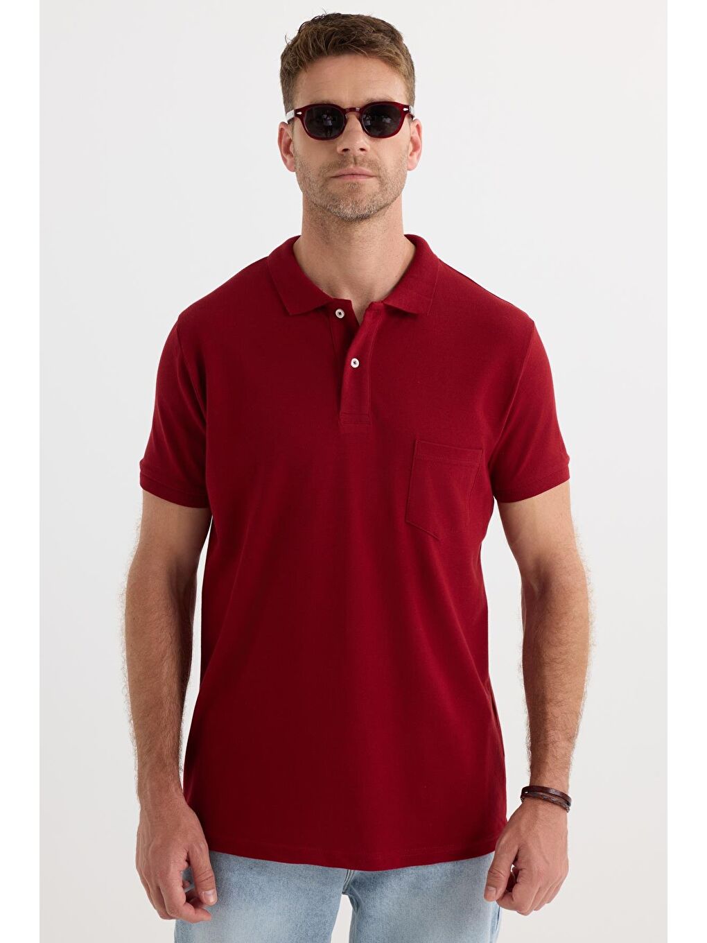 Erkek Regular Fit Klasik Kesim %100 Pamuk Düz Pike Bordo Polo Yaka Tişört-4