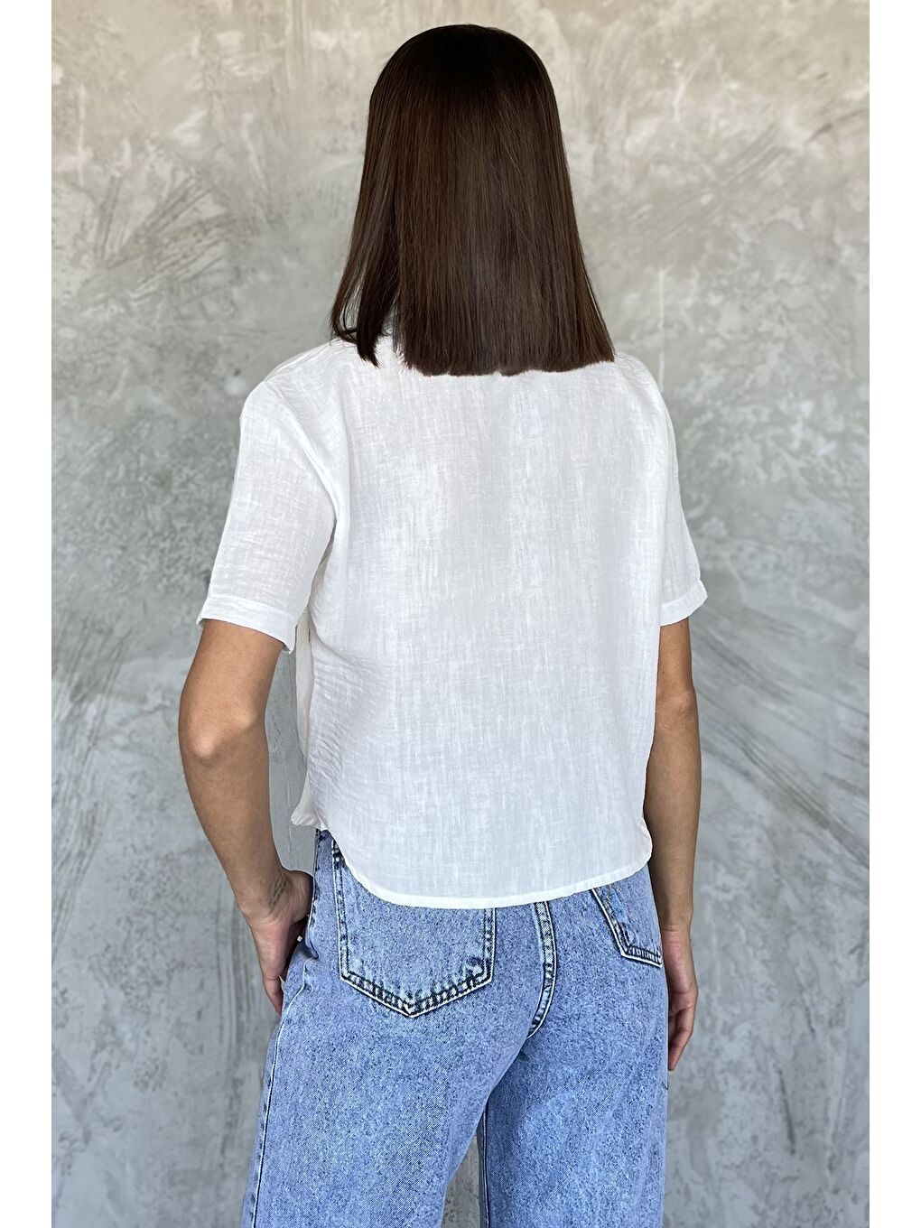 Ekru Kadın Nakışlı Keten Gömlek-2