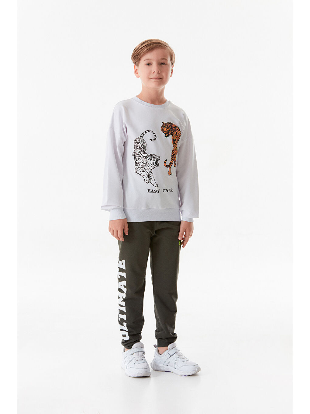 Fullamoda Beyaz Kaplan Baskılı Bisiklet Yaka Erkek Çocuk Sweatshirt - 1