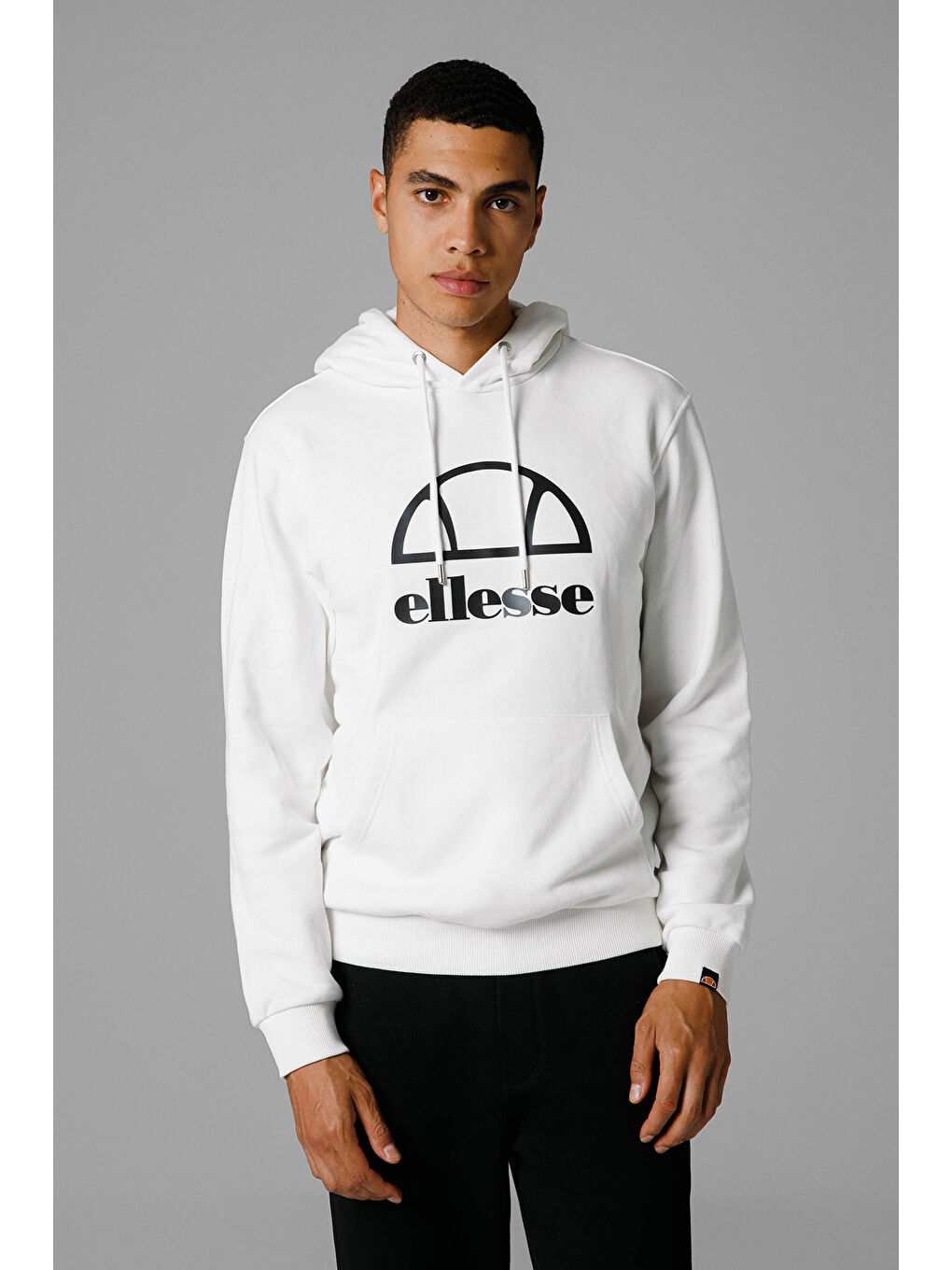 Beyaz Pamuk Karışımlı Regular Fit Kapüşonlu Kanguru Cepli Logolu Sweat EM253-OF-1