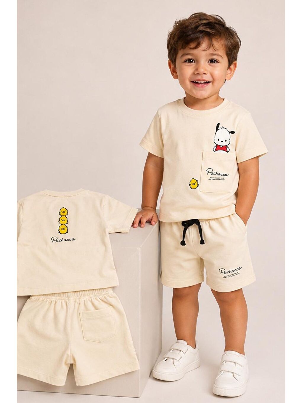 Bej Erkek Çocuk Pamuklu Bisiklet Yaka Baskılı Cep Detaylı T-Shirt Ve Şort Alt Üst Takım-1