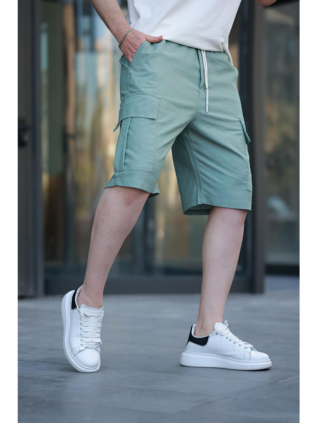 Yeşil Kargo Cepli Erkek %100 Pamuk Kargo Şort E6571-1