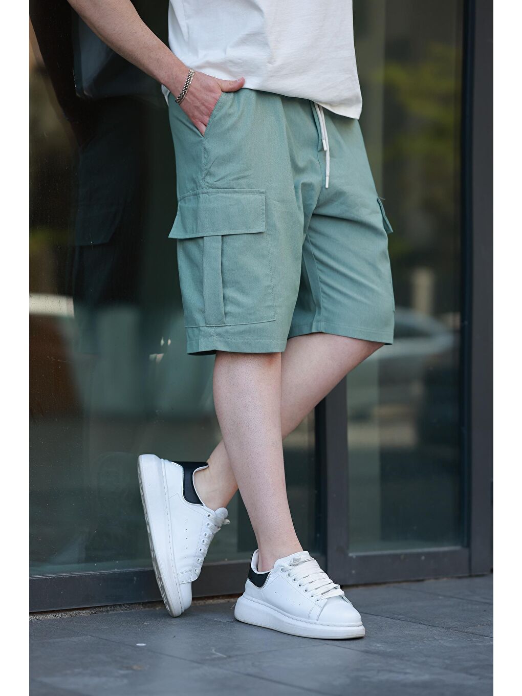 Yeşil Kargo Cepli Erkek %100 Pamuk Kargo Şort E6571-2