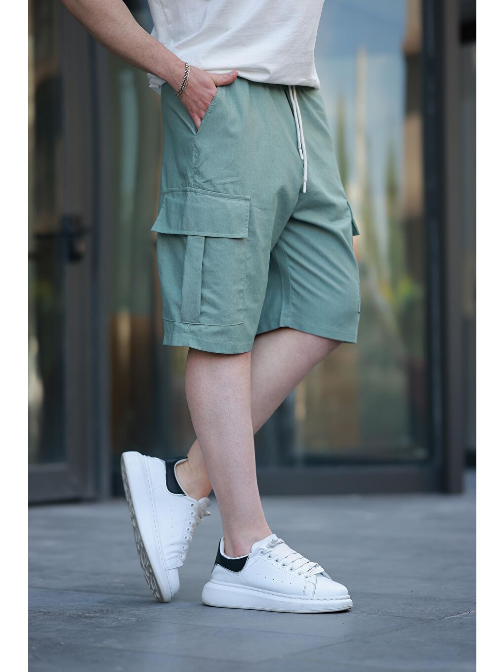 Yeşil Kargo Cepli Erkek %100 Pamuk Kargo Şort E6571-3