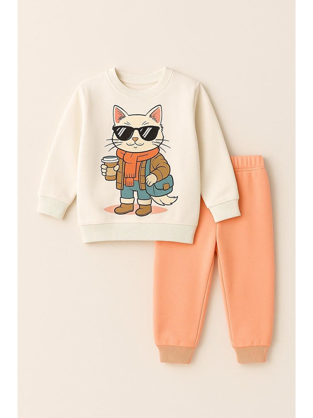 Karışık Kız Çocuk Gözlüklü Kedi Desenli Eşofman Takımı