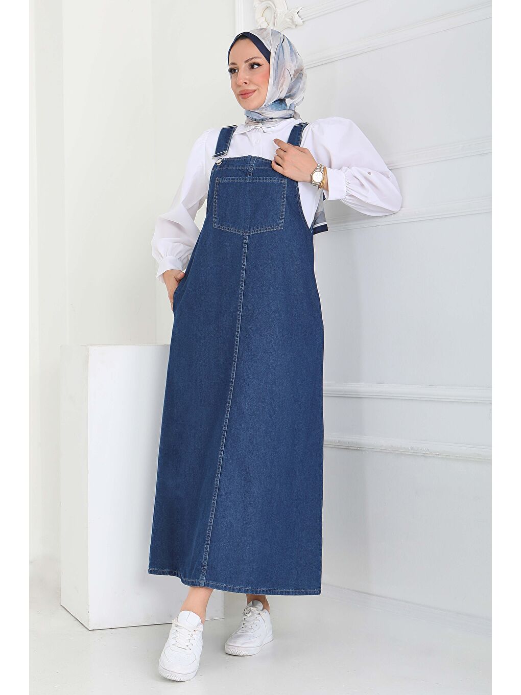 Cep Detaylı Askılı Jean Salopet Koyu Mavi - 27833-KOYU-MAVI